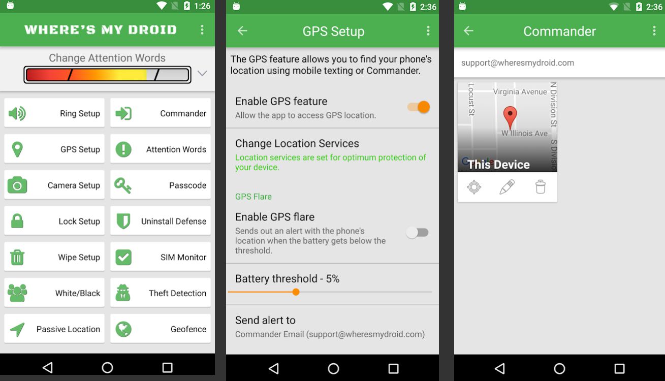 Configuração e rastreamento de GPS no aplicativo Where's My Droid para Android