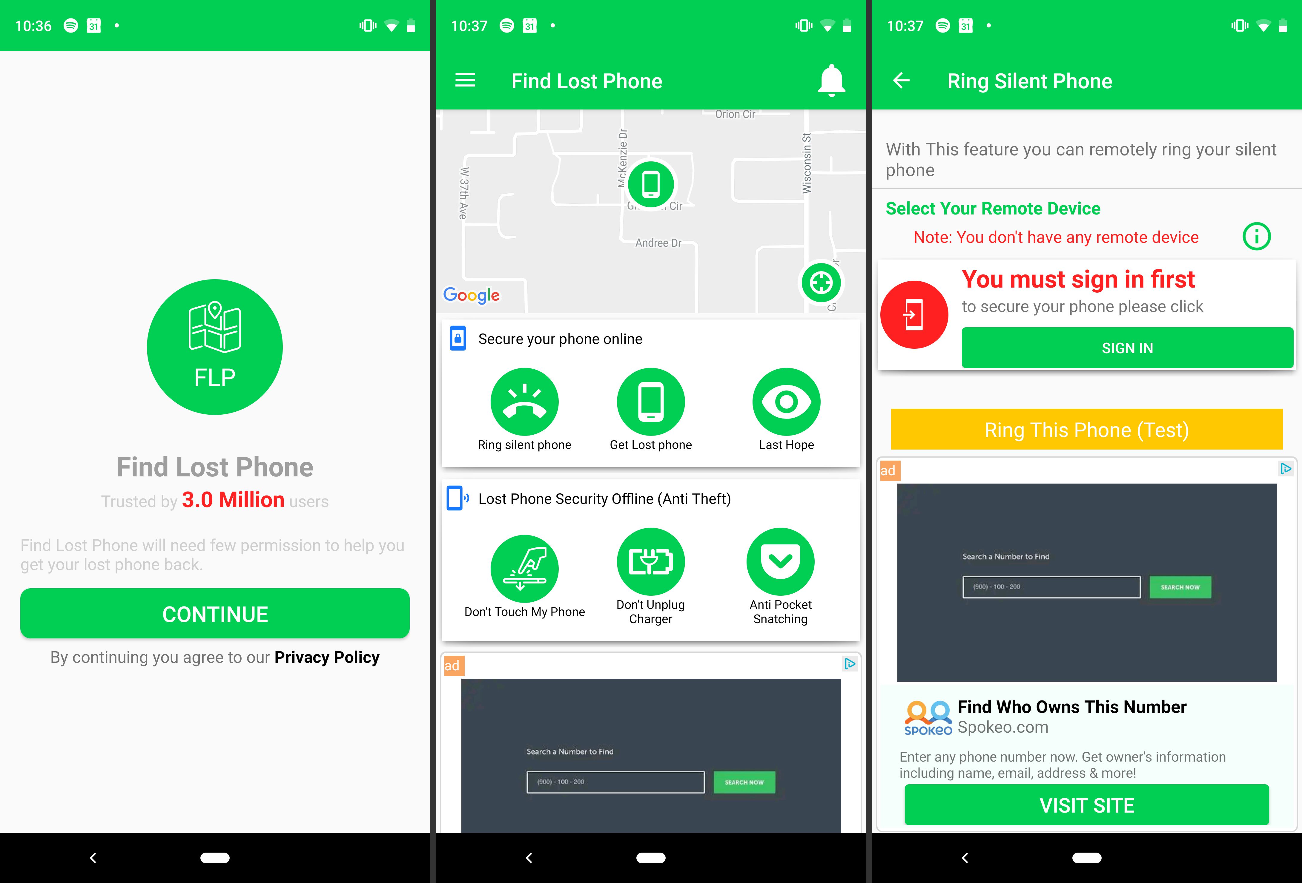 Três telas Android do aplicativo Find Lost Phone