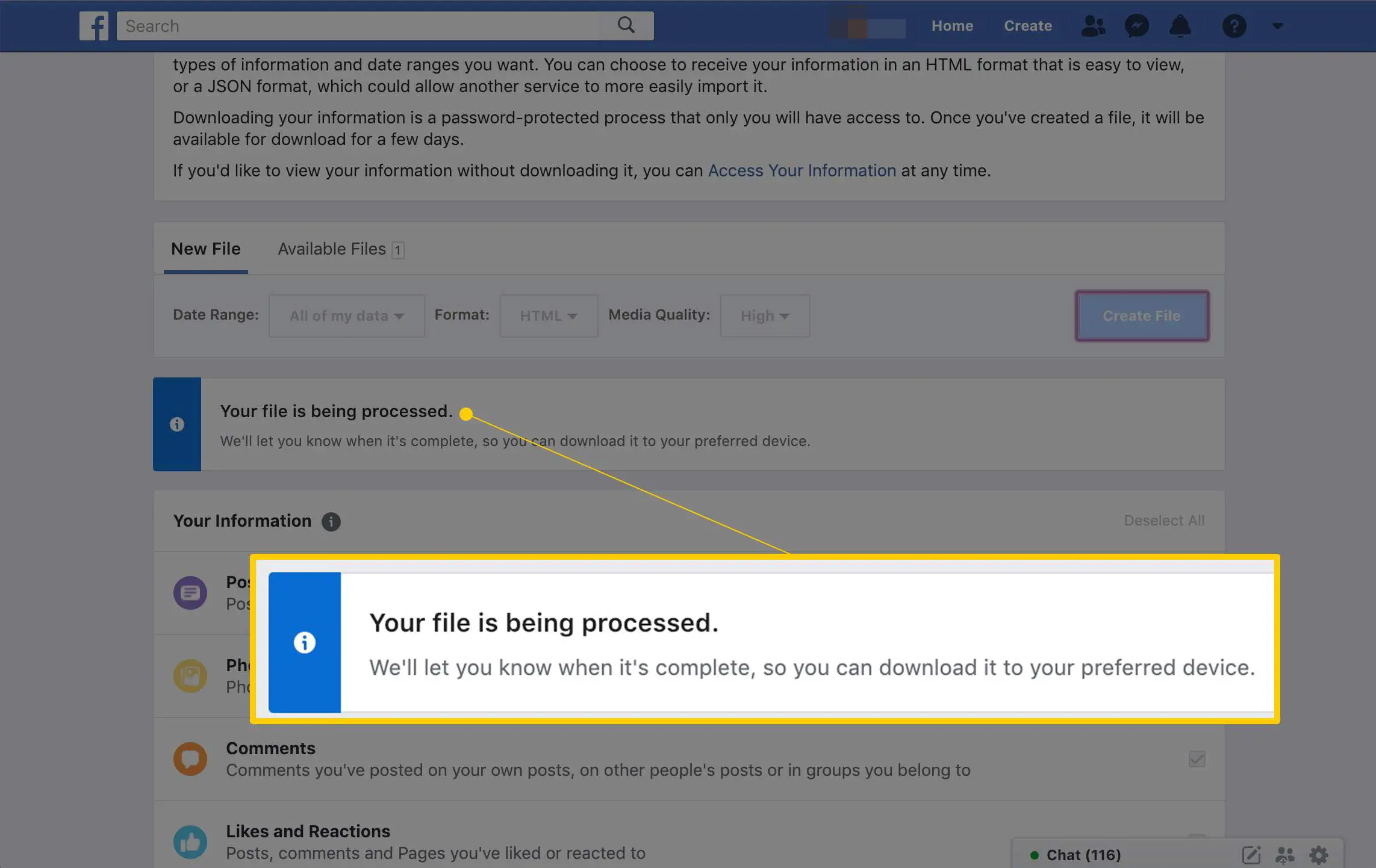 Seu arquivo está sendo processado mensagem no Facebook