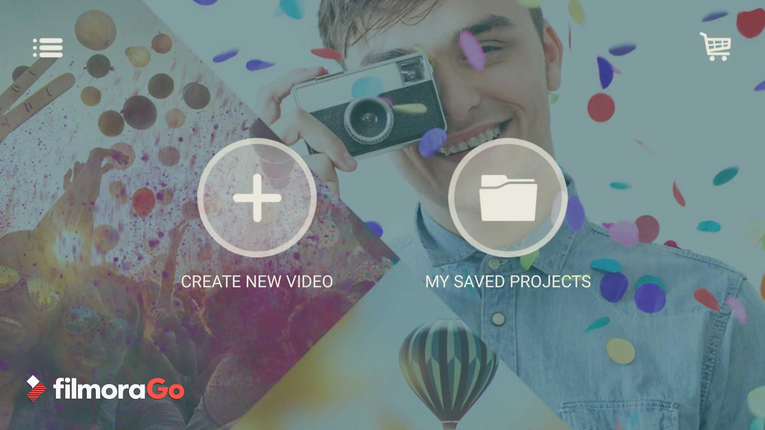 Tela inicial do aplicativo FilmoraGo com novos botões de vídeo e salvar projetos