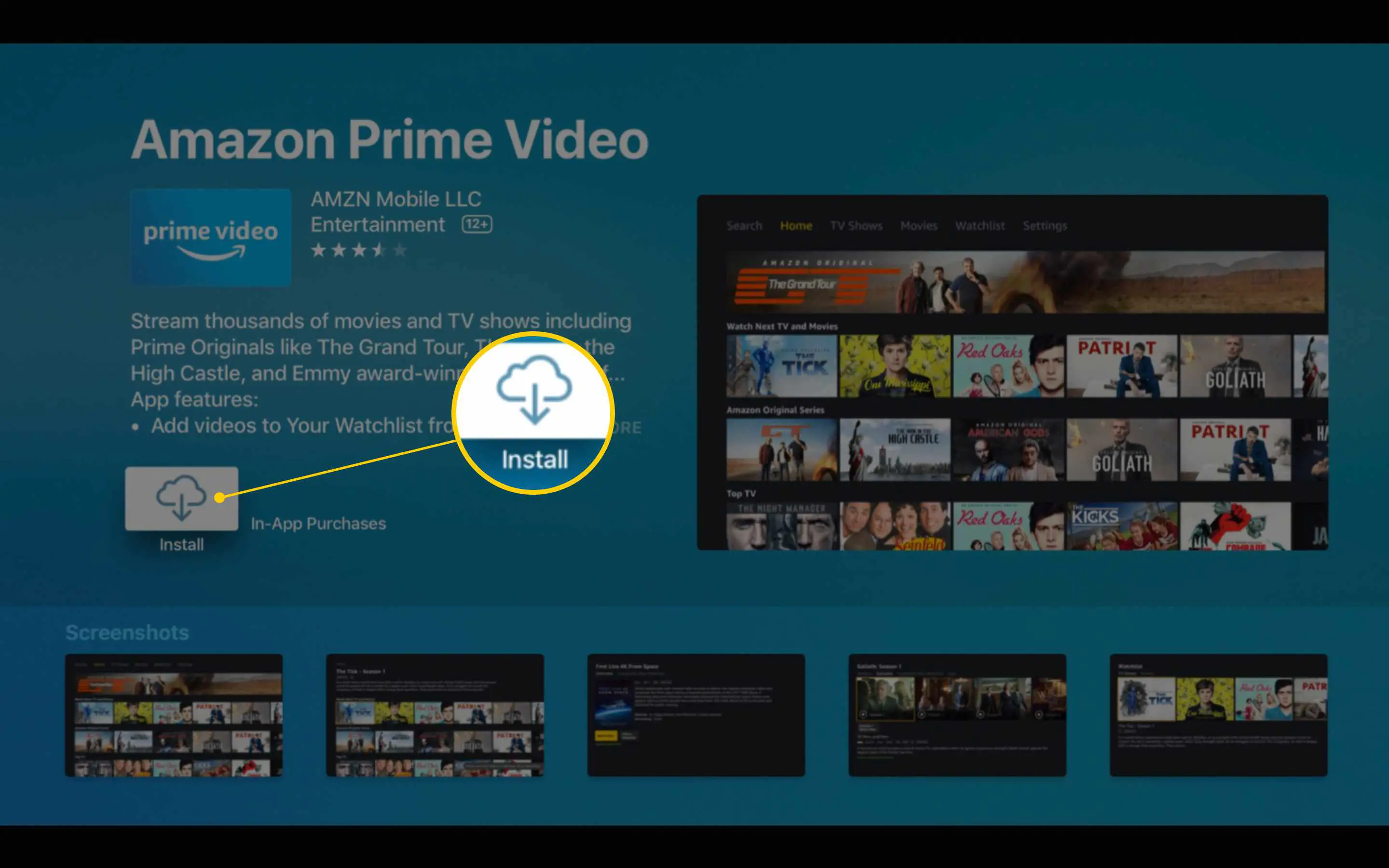 Ícone de instalação na tela de descrição do aplicativo Amazon Prime Video na Apple TV