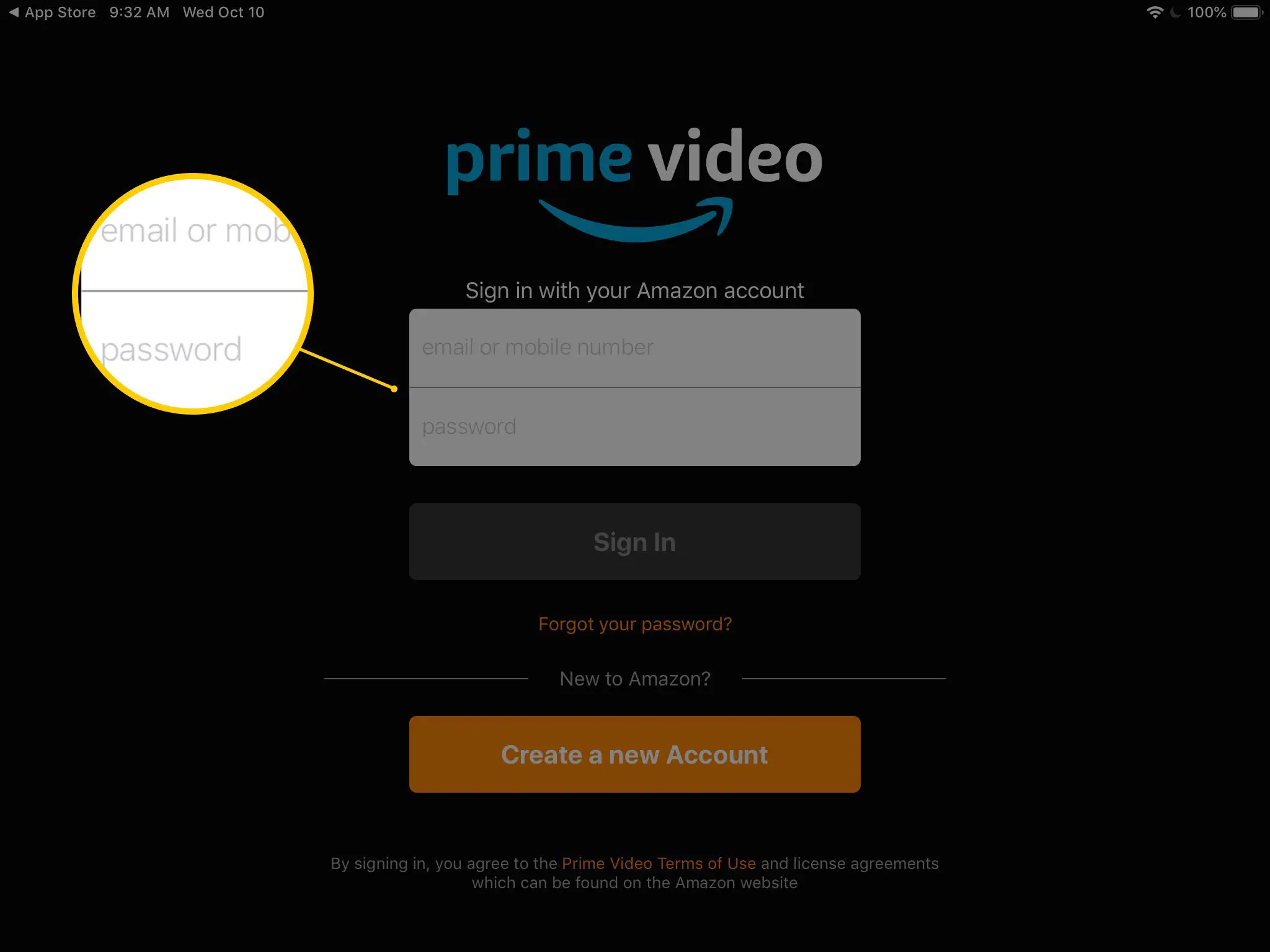 Captura de tela do formulário de login do Prime Video no iPad, incluindo campos de e-mail e senha