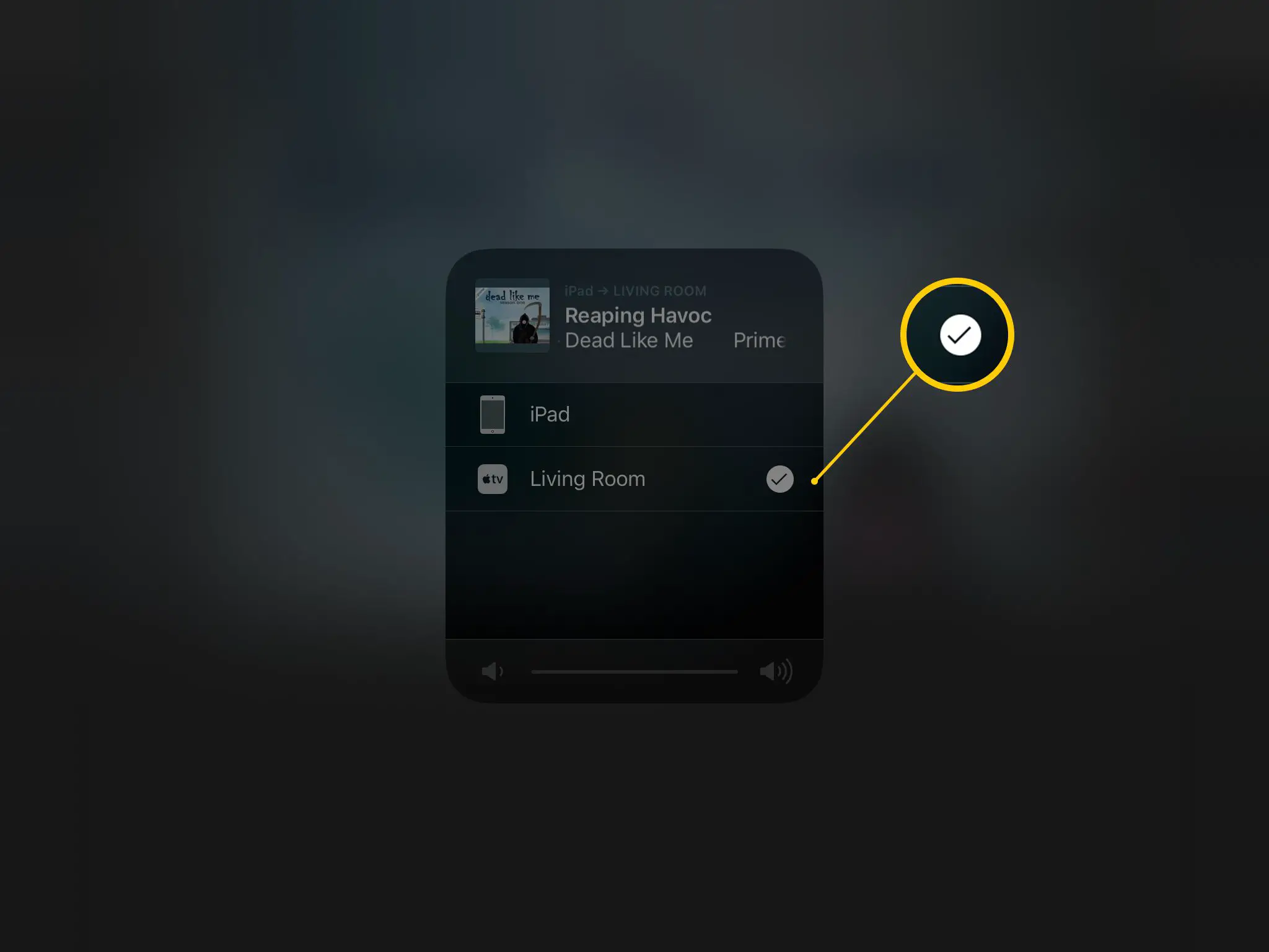 Captura de tela do seletor de AirPlay no iPad, mostrando o Living Room Apple TV selecionado