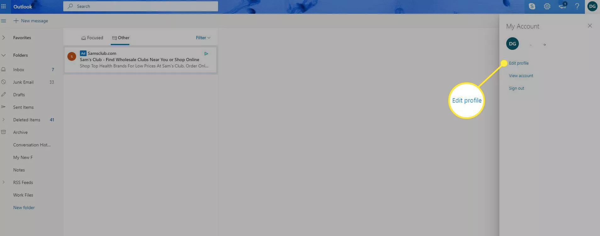 Uma caixa de entrada do Outlook com a opção 'Editar perfil' destacada