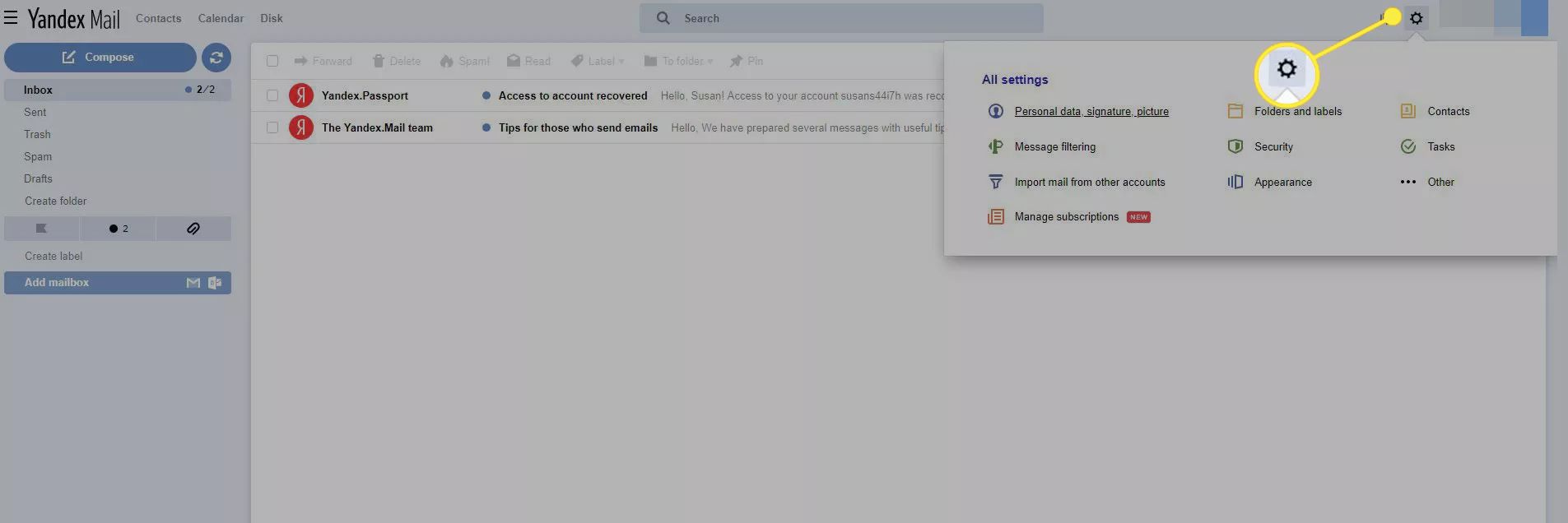O aplicativo Yandex Mail com o ícone de engrenagem destacado