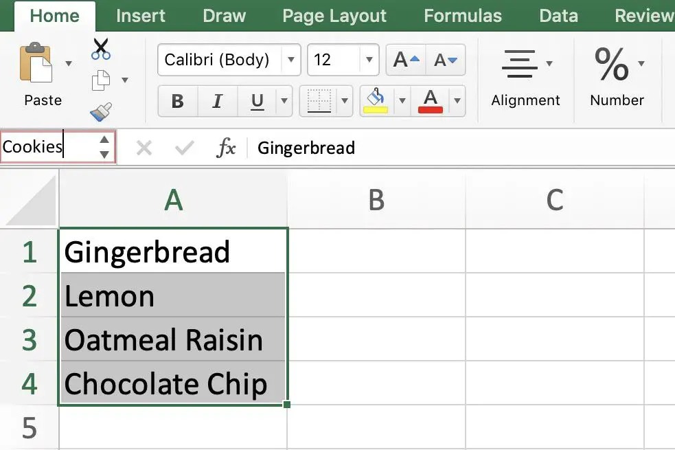 Planilha do Excel contendo um intervalo nomeado.