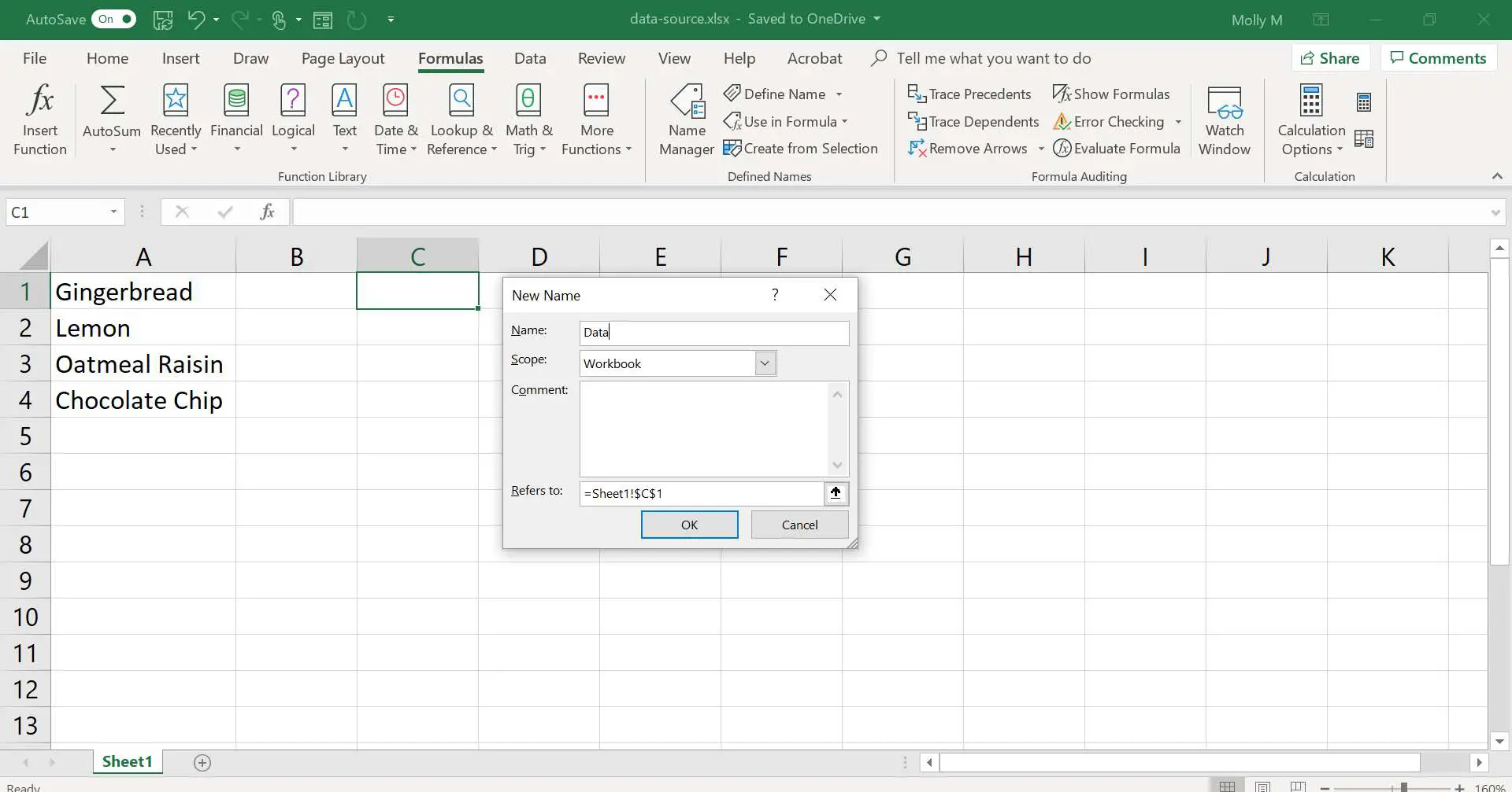 Caixa de diálogo Novo nome do Excel.