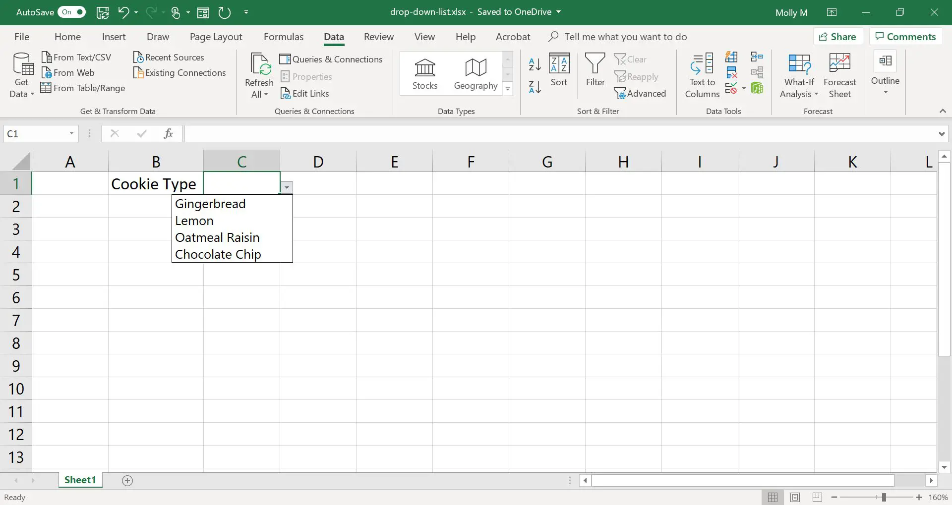 Folha de Excel com uma lista suspensa de tipos de cookies.