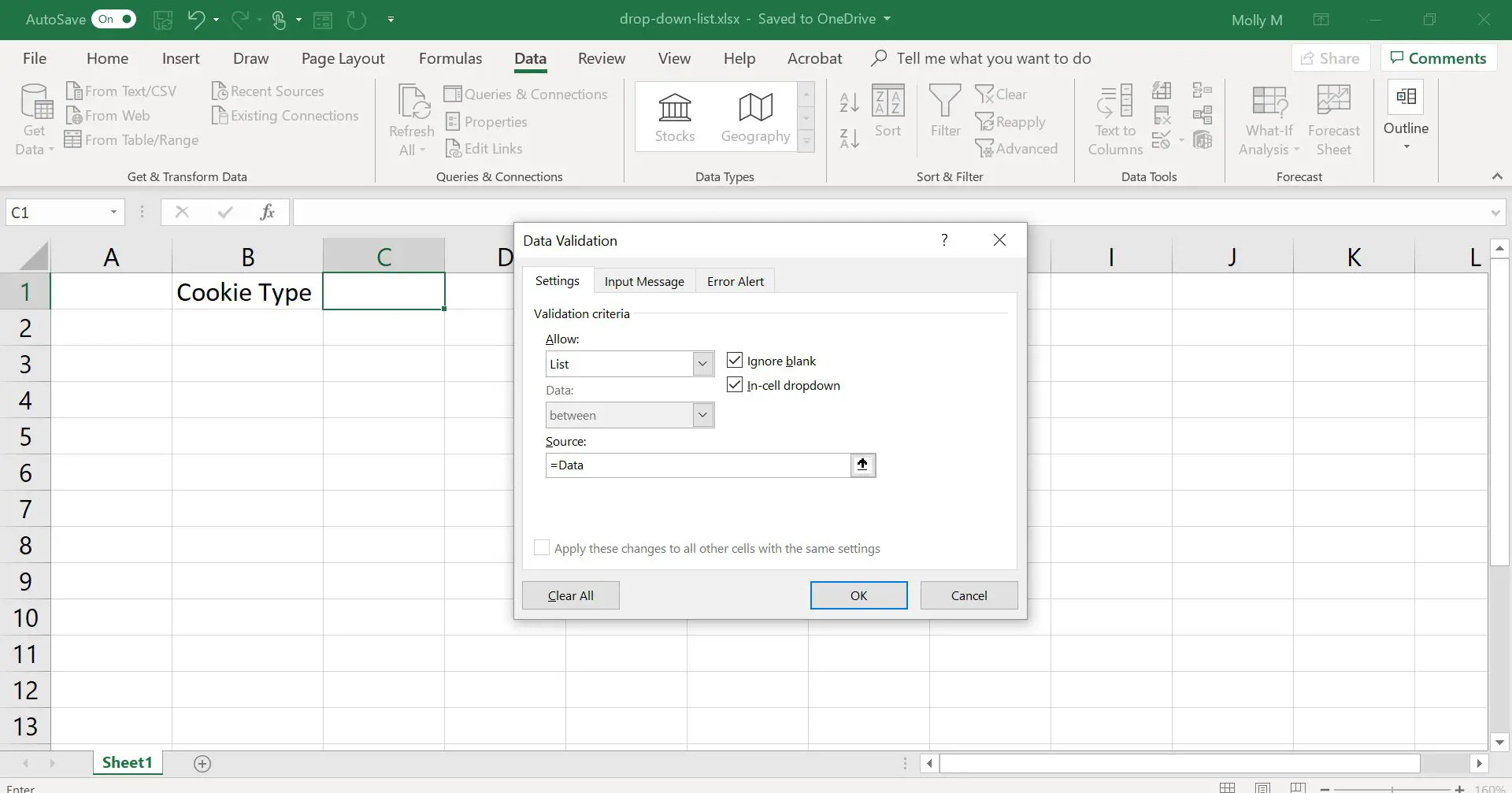 Caixa de diálogo de validação de dados do Excel.