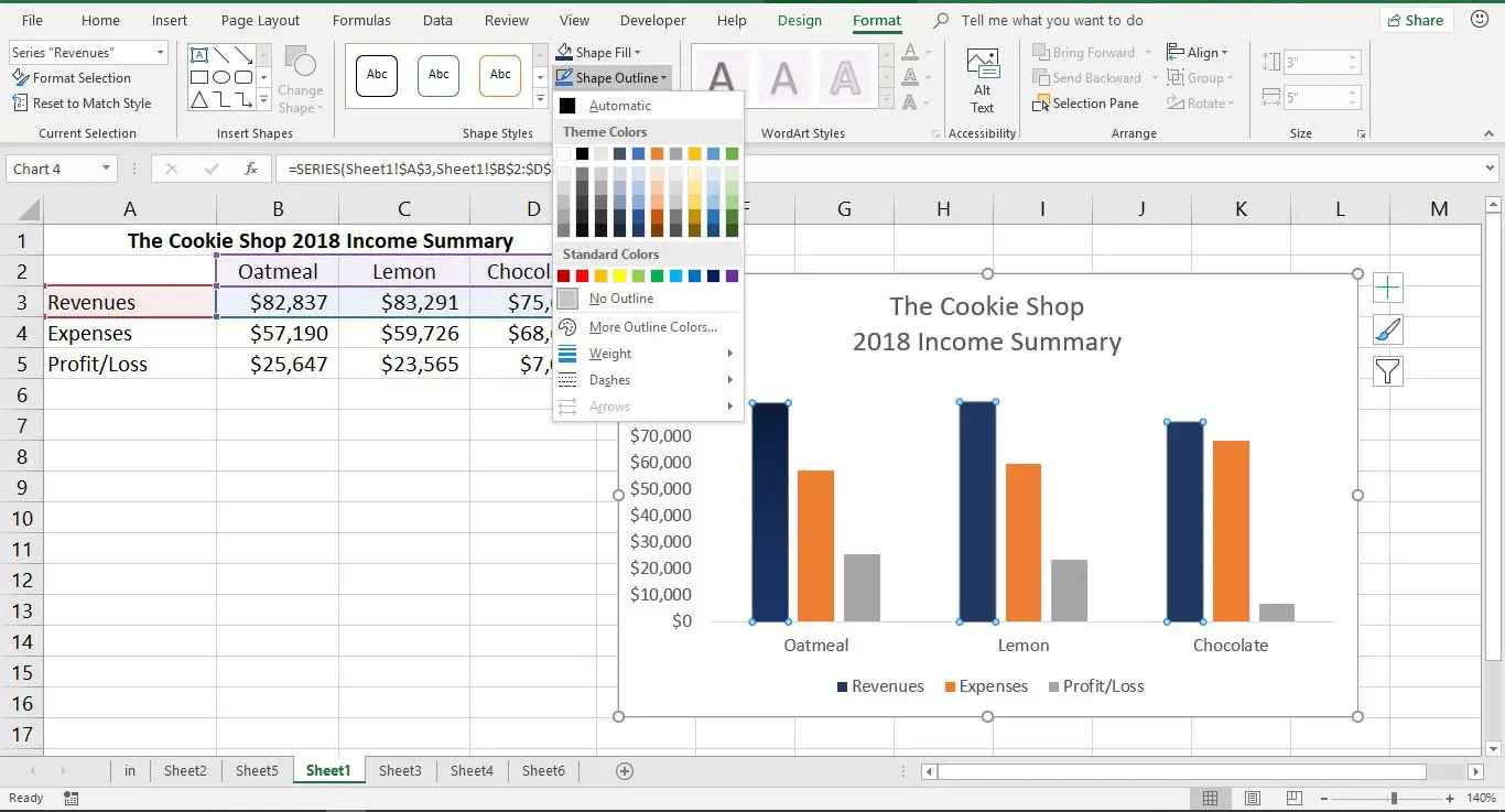 Uma captura de tela mostrando como alterar a cor dos elementos do gráfico no Excel