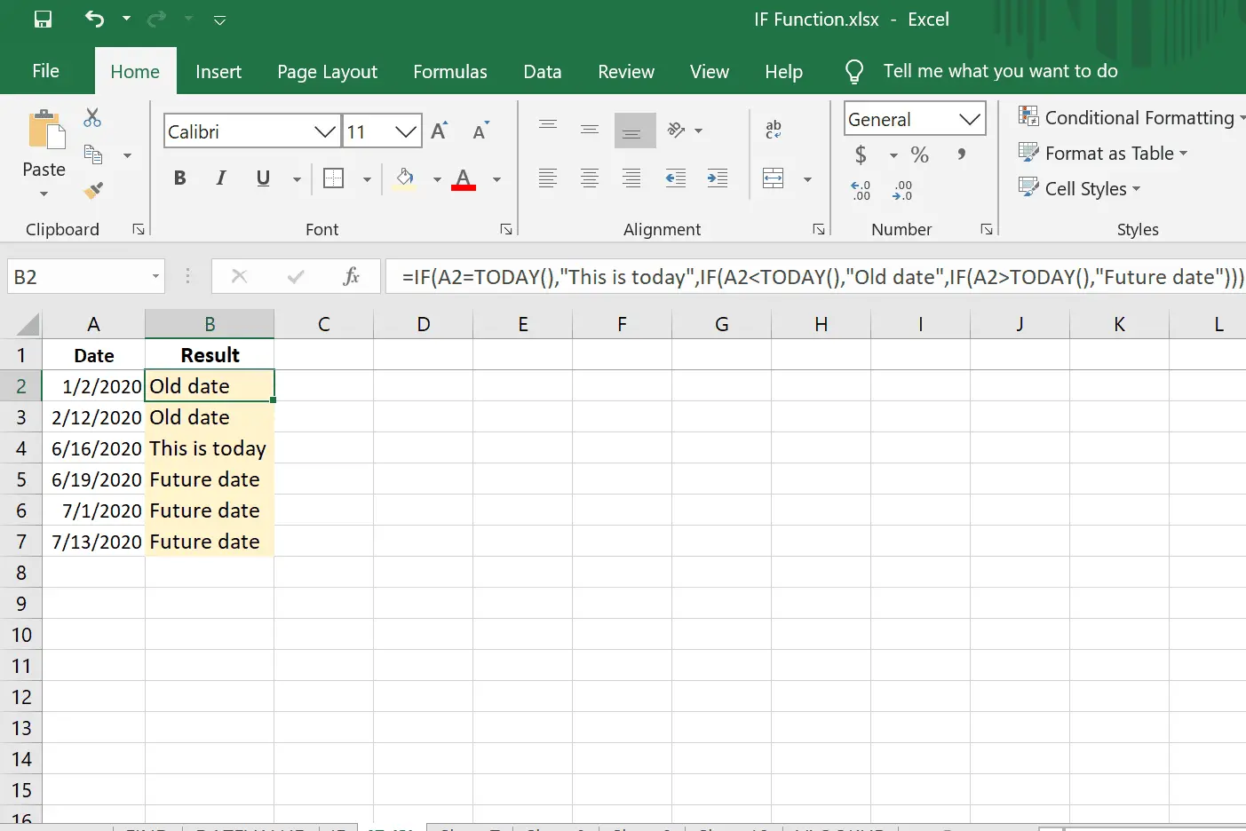 Instruções IF aninhadas no Excel que verificam a data de hoje