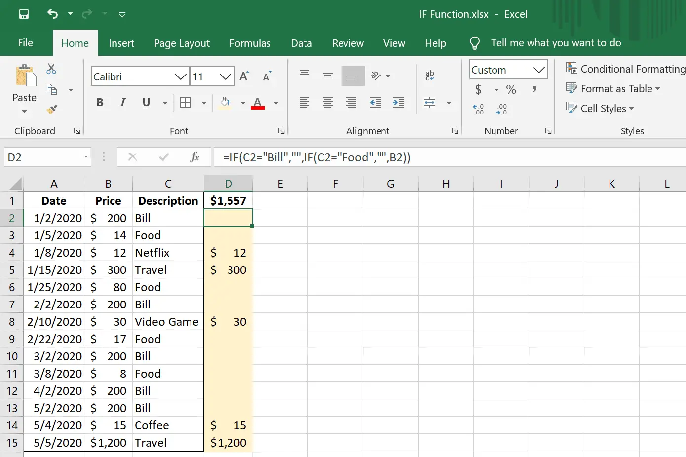 Transações de exemplo de função IF Excel
