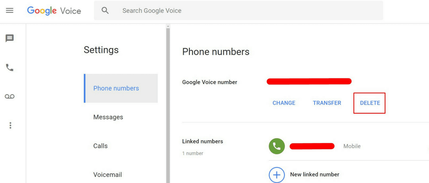 O botão Excluir para se livrar de um número de telefone na captura de tela do Google Voice