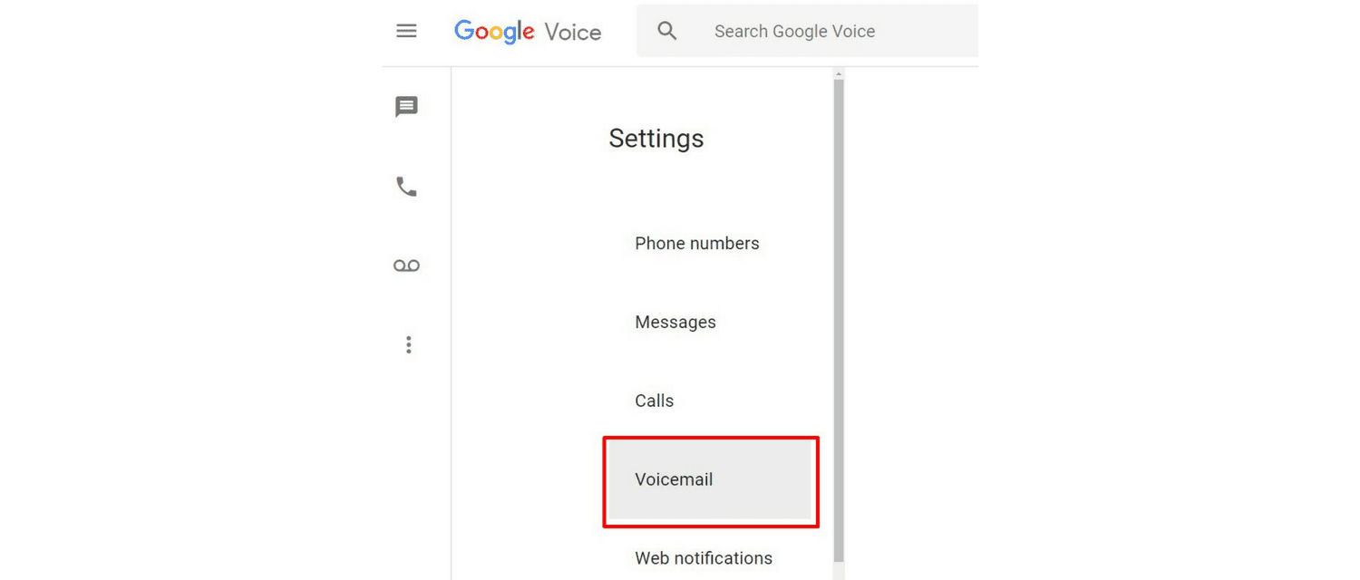 As configurações do correio de voz na captura de tela do Google Voice