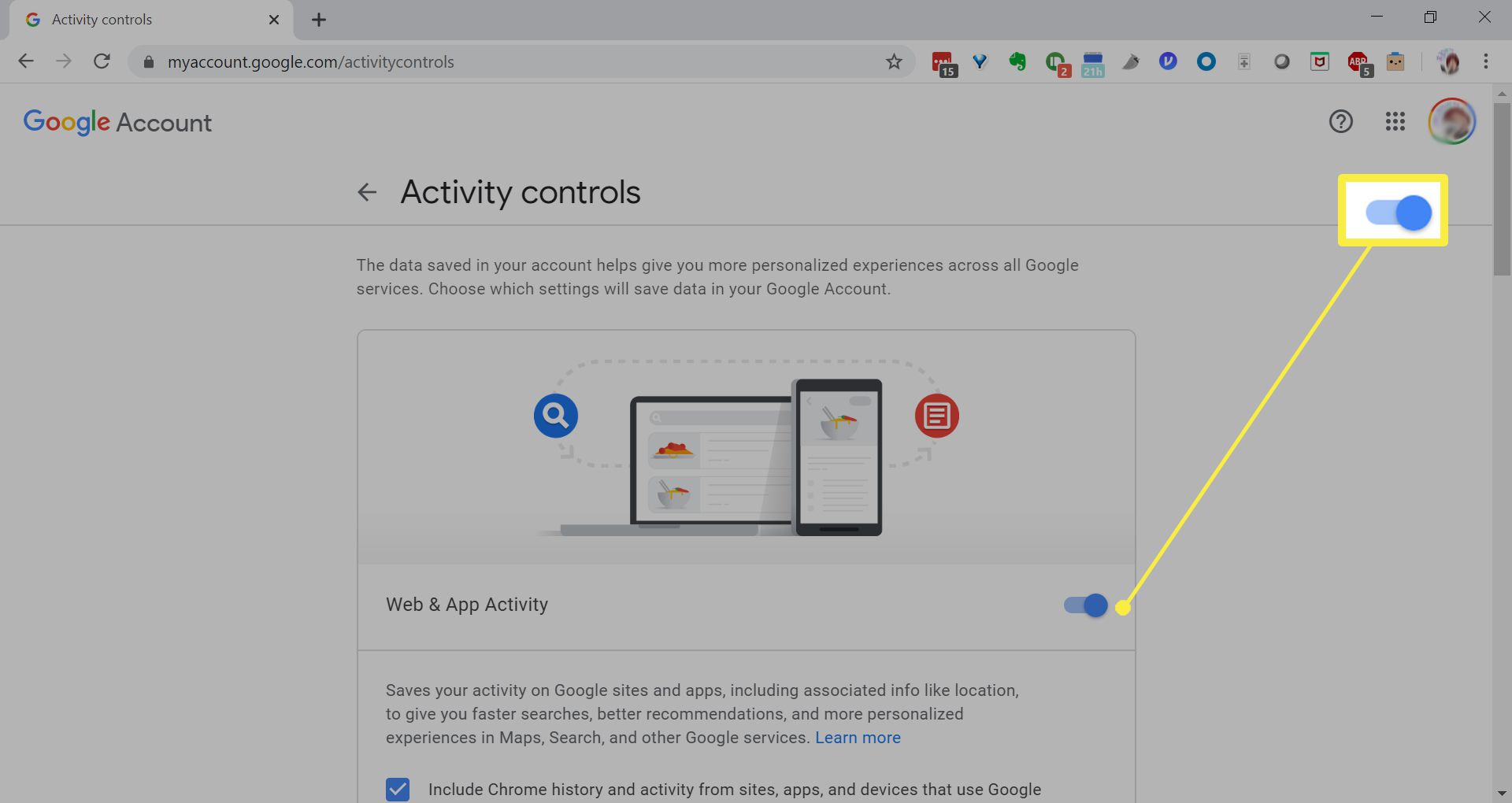 Controles de atividade do Google.