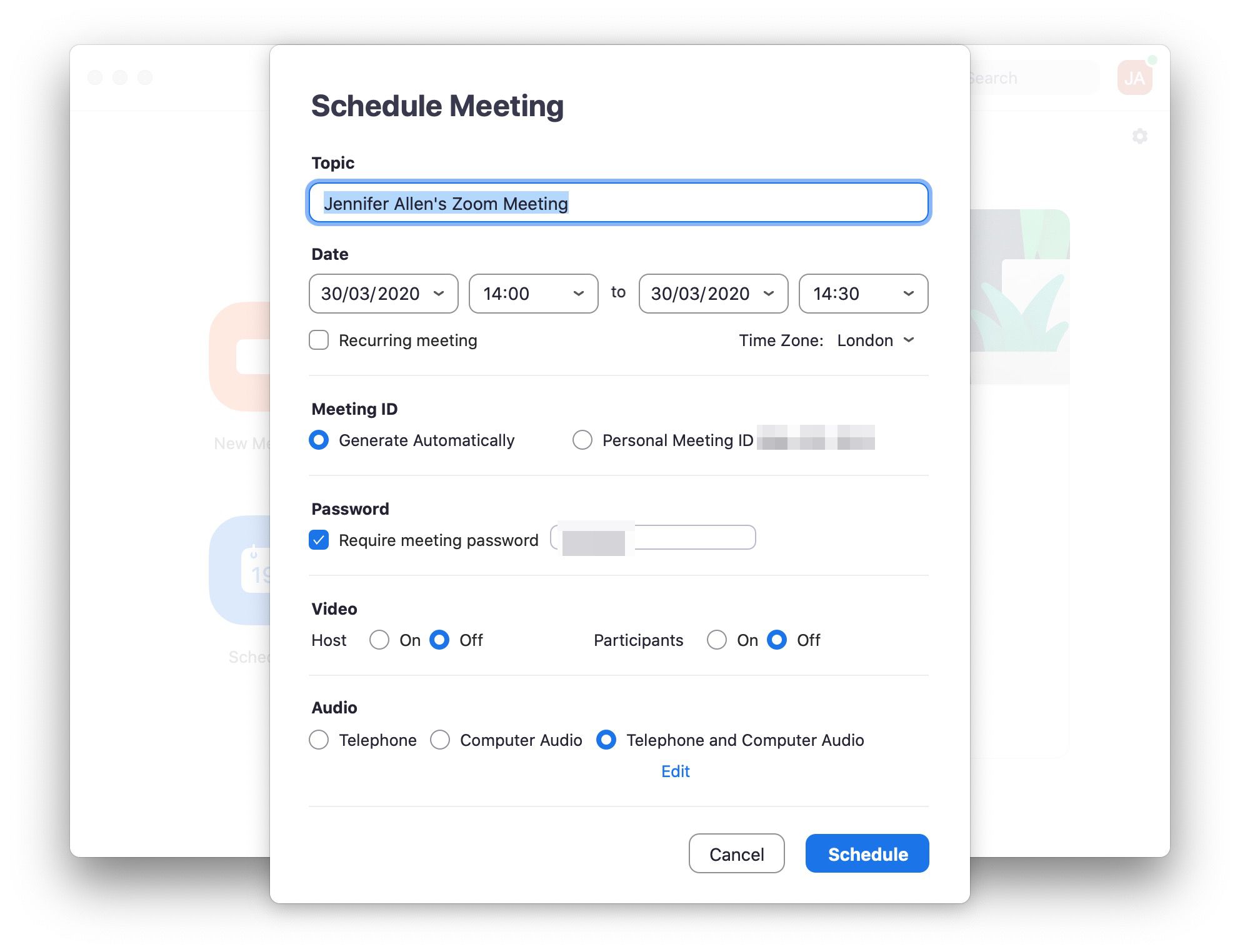 Aplicativo de zoom com configurações de reuniões agendadas exibidas