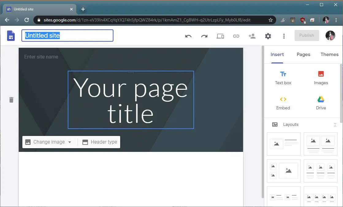Uma captura de tela mostrando como nomear uma página do Google Sites.
