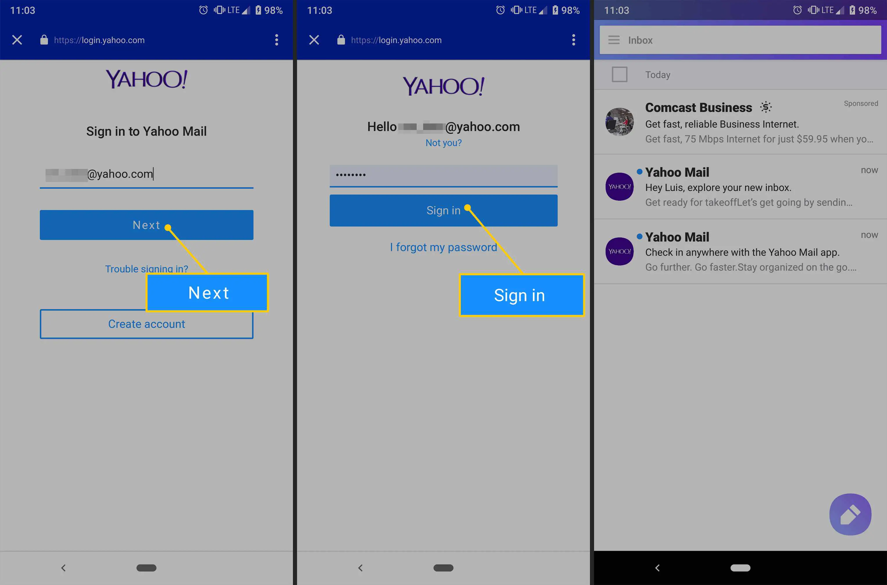 Em seguida, faça login, interface do Yahoo Mail no Android