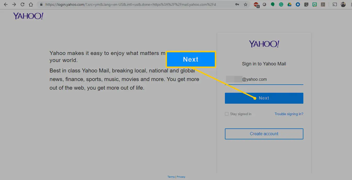 Botão Avançar para login do Yahoo Mail