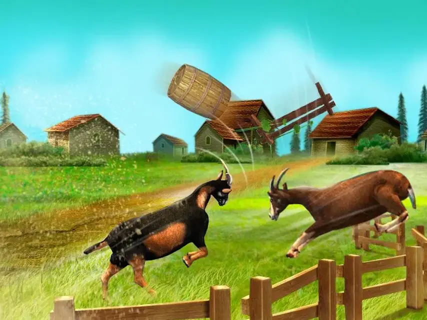 Captura de tela do jogo Simulador de Cabra de duas cabras batendo em um barril