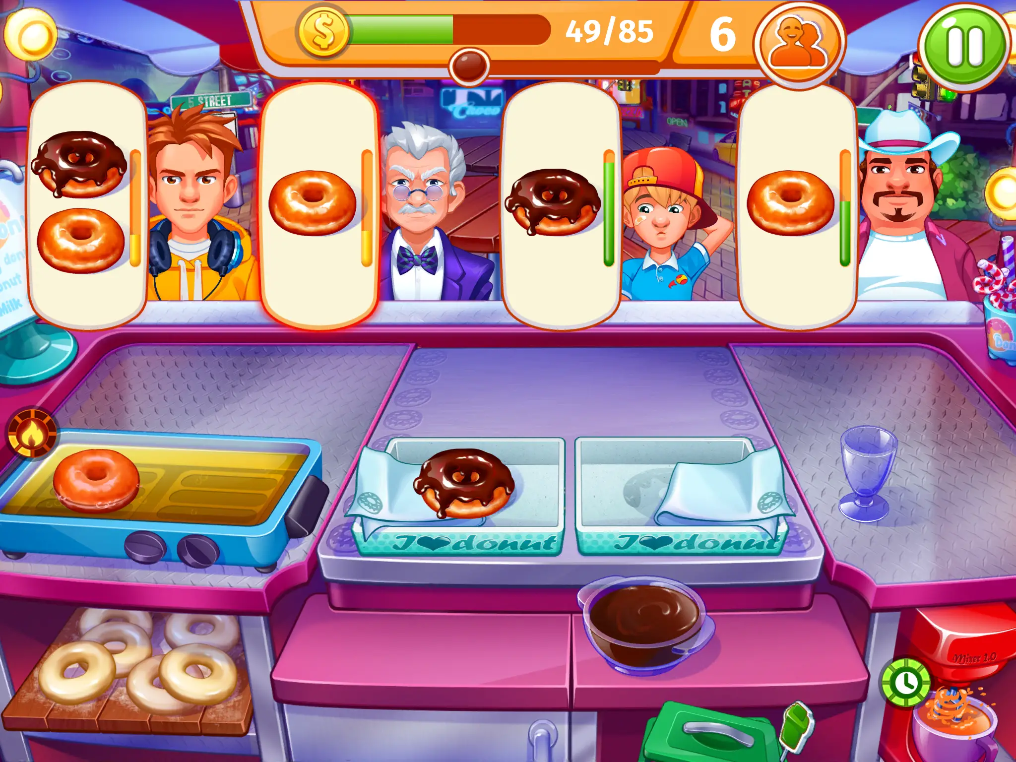Captura de tela do jogo Cooking Madness para Android de donuts servidos aos clientes