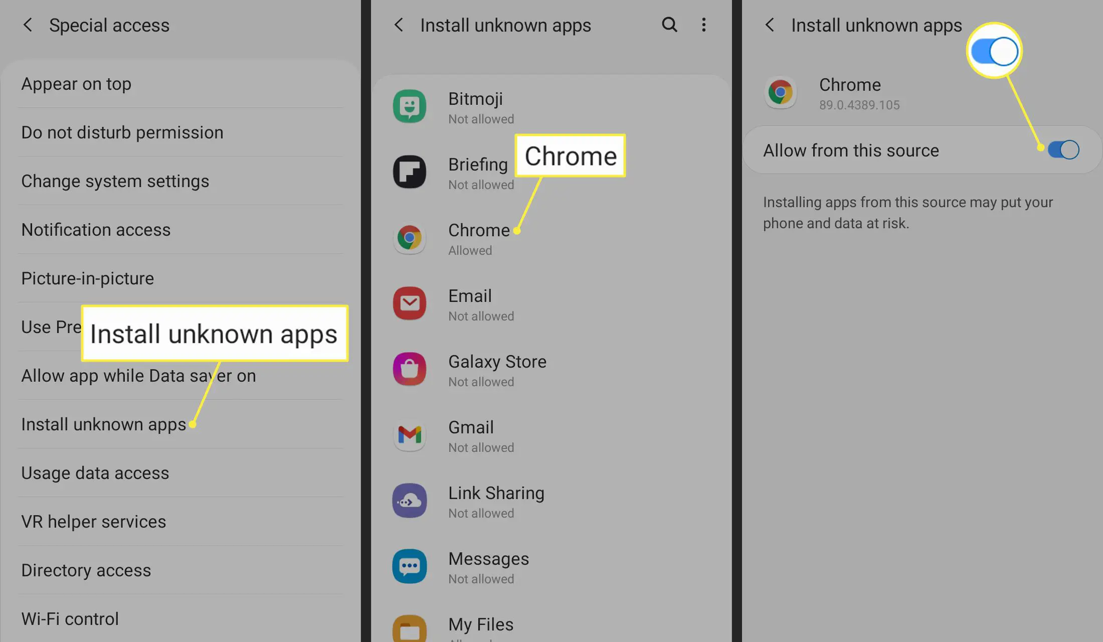 Instale aplicativos desconhecidos, Chrome e Permitir desta fonte alternar nas configurações do Android