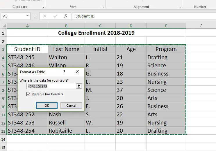 Formato Excel como captura de tela da tabela