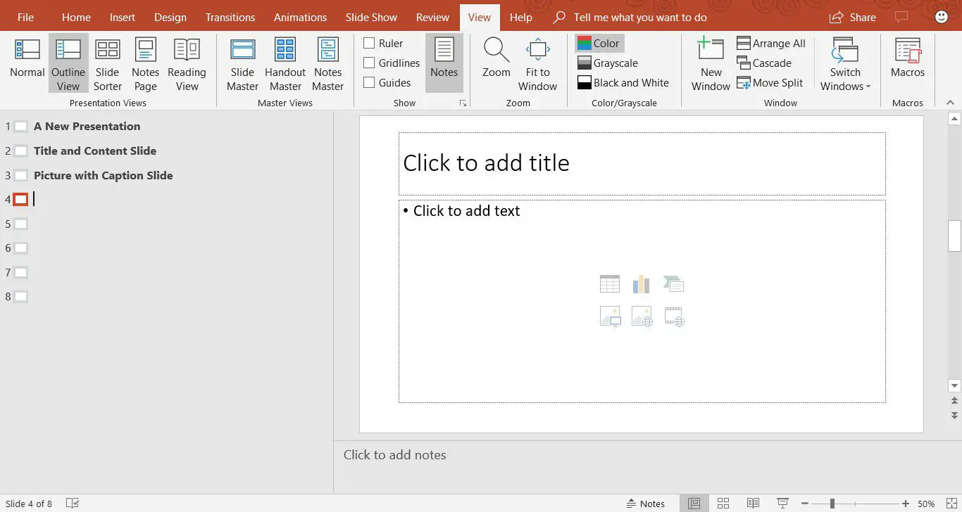 Captura de tela mostrando como mudar para Outline View no PowerPoint