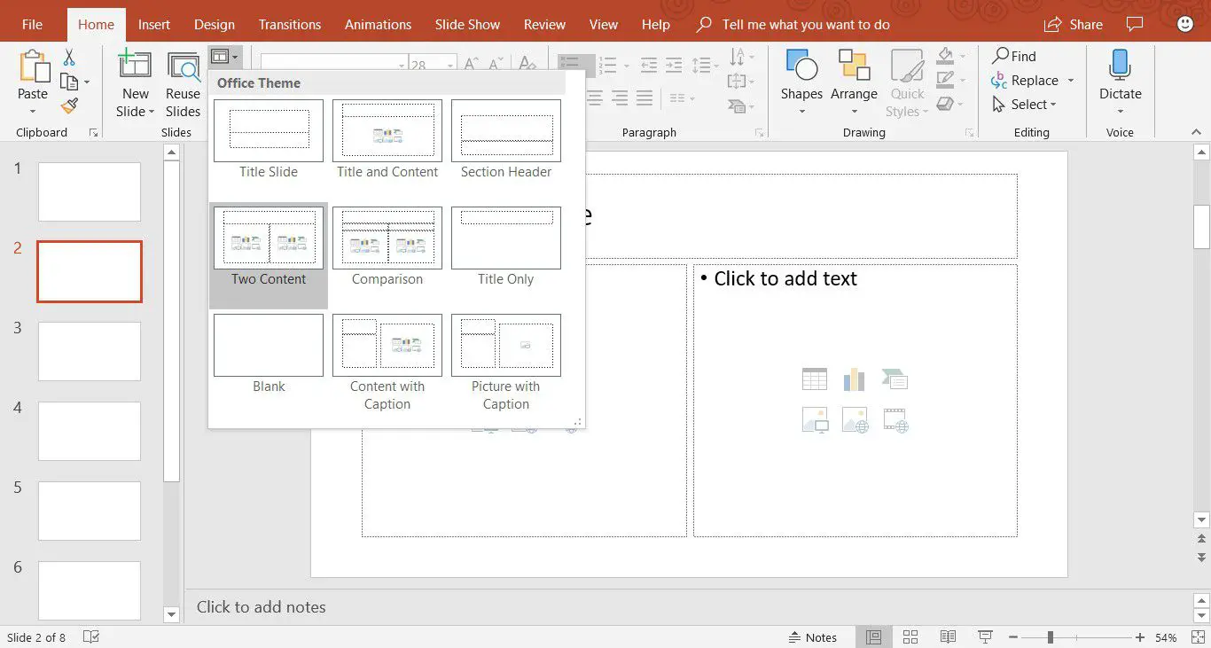 Captura de tela mostrando como alterar o layout de um slide no PowerPoint