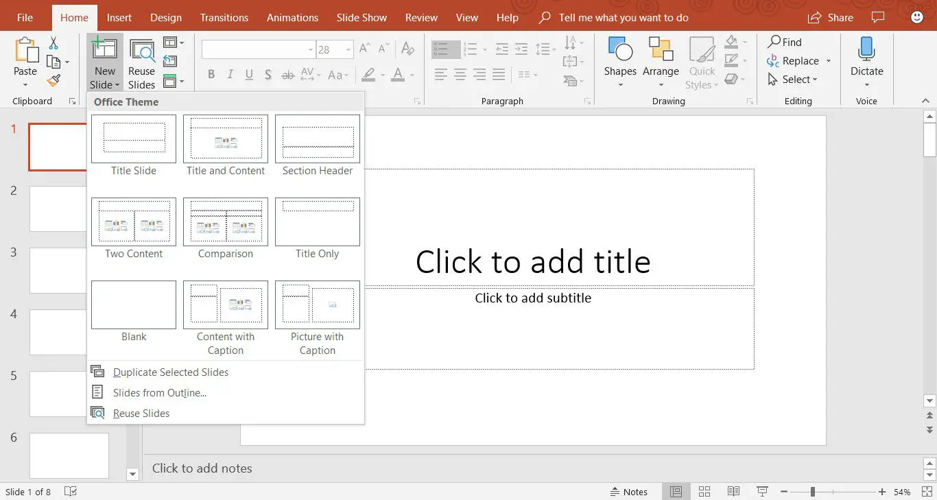 Uma captura de tela mostrando como adicionar um novo slide no PowerPoint