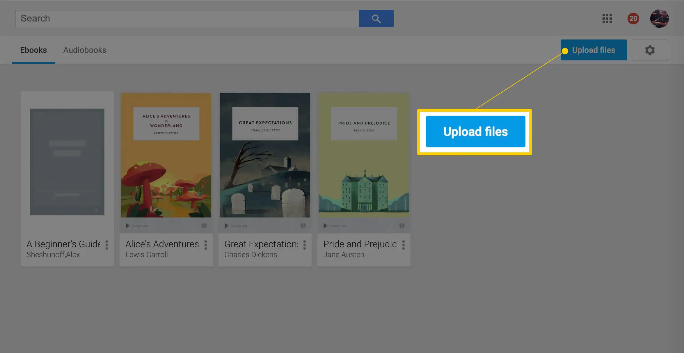 Botão de upload de arquivos na captura de tela do Google Play Livros