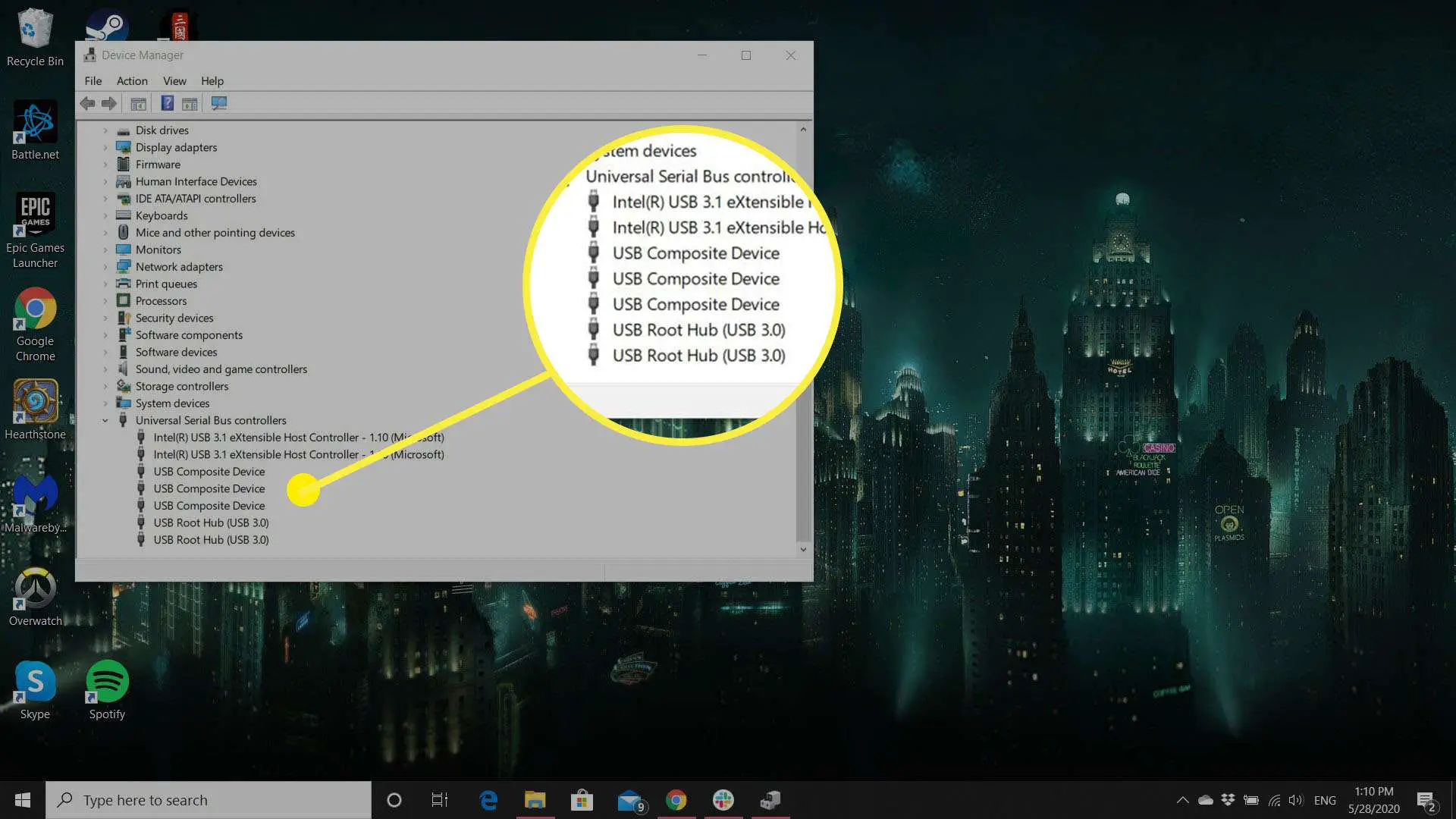 Uma captura de tela no Windows mostrando um PC com suporte para USB 3.0.