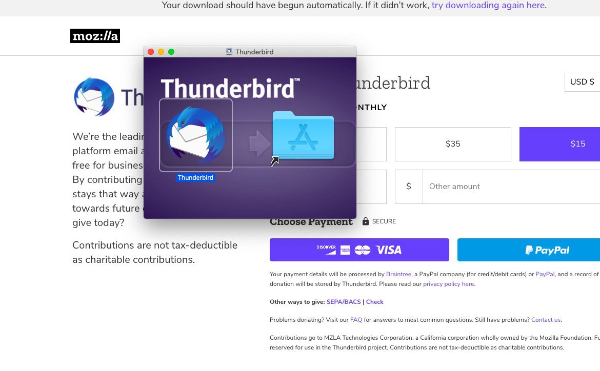 Arraste o Thunderbird para a pasta Aplicativos.