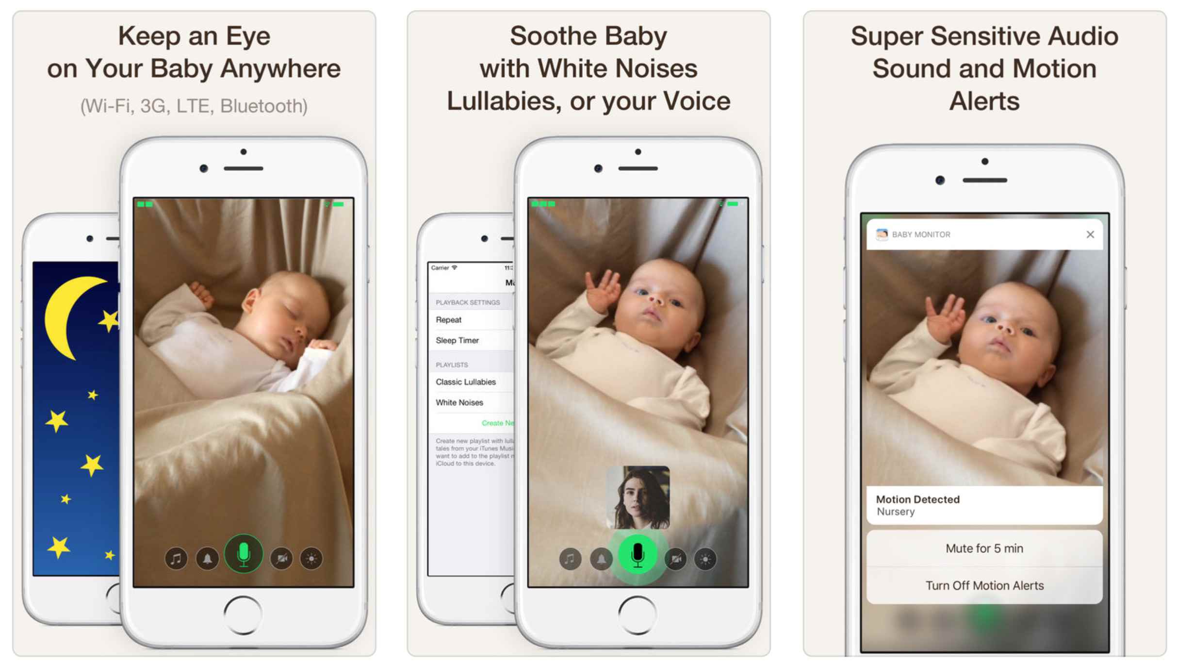 Três imagens promocionais do aplicativo Cloud Baby Monitor para iOS