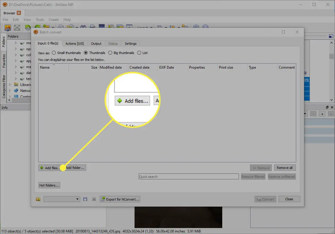 Uma captura de tela do XnView com o botão Adicionar arquivos destacado