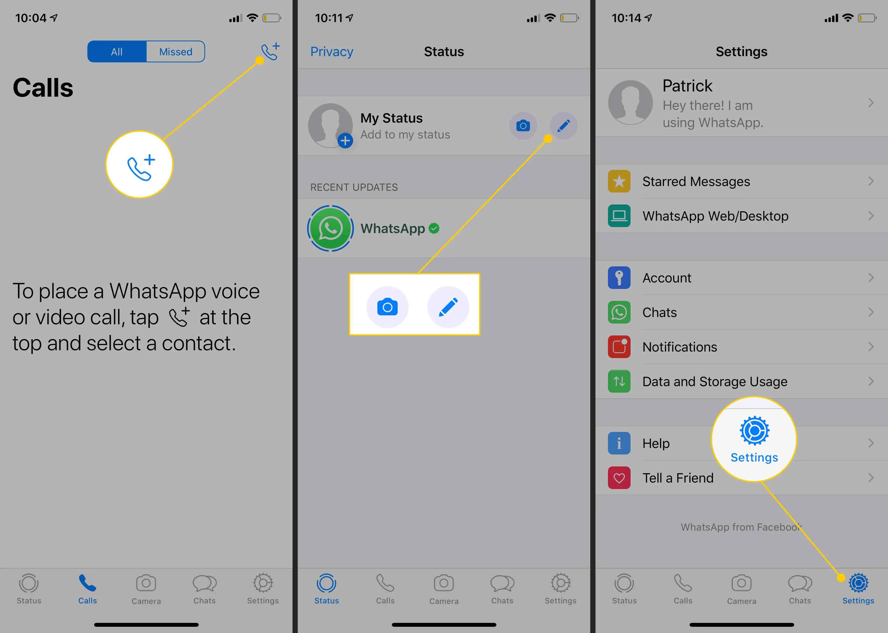 Botão de chamada, opções de status, ícone de configurações no WhatsApp no ​​iOS