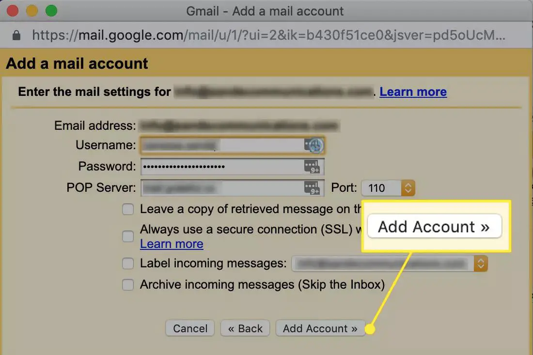 A janela 'Adicionar uma conta de e-mail' do Gmail com o botão Adicionar conta destacado