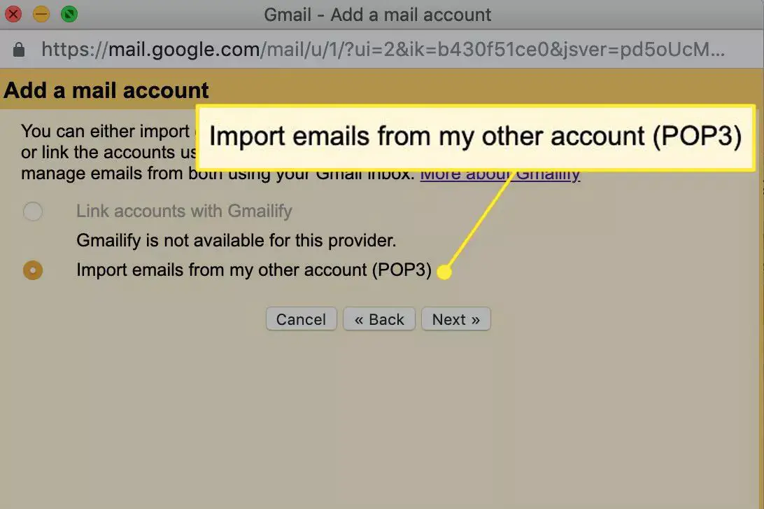 A janela 'Adicionar uma conta de e-mail' do Gmail com 'Importar e-mails de minha outra conta (POP3) em destaque