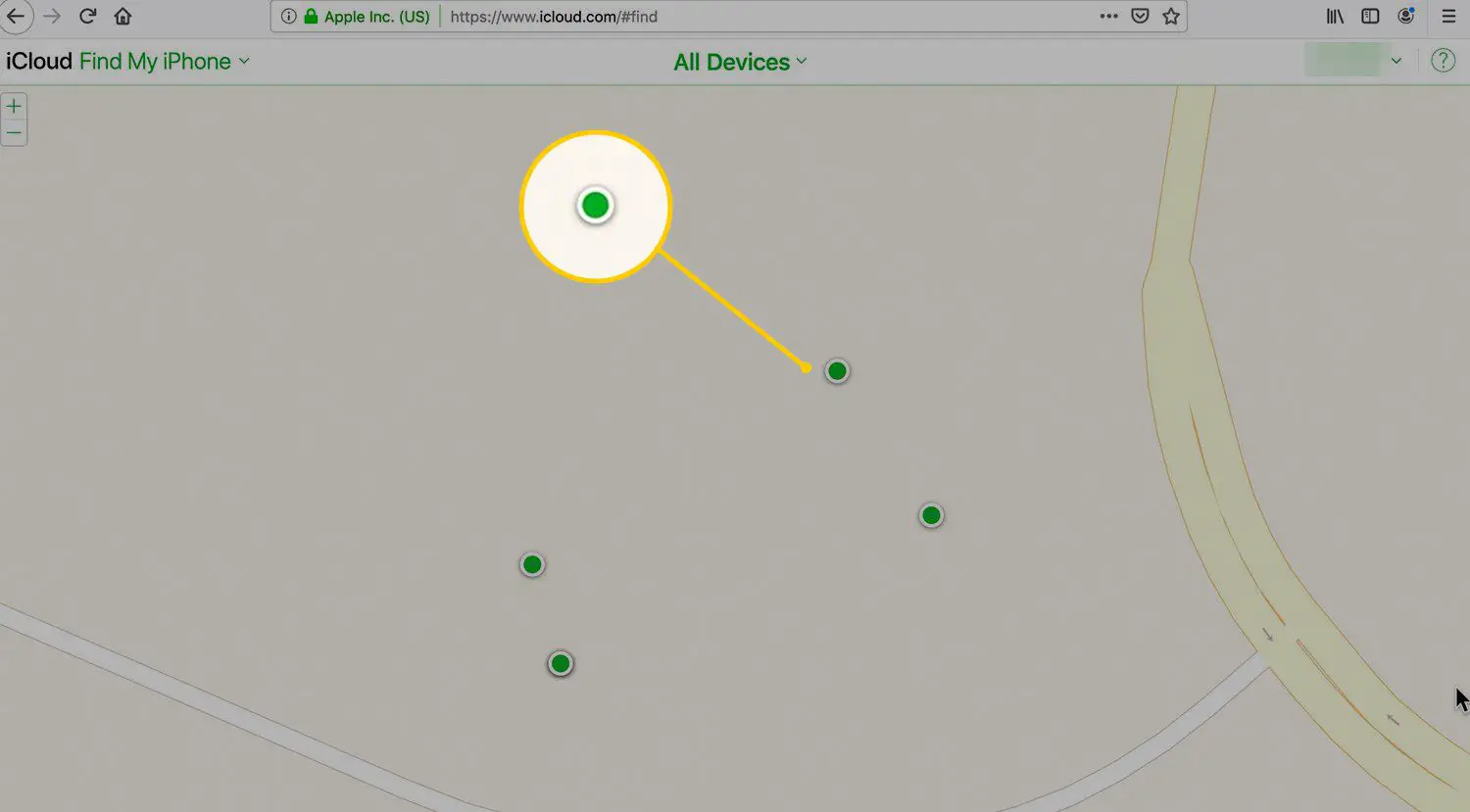 Ponto verde indicando iPhone online no site do iCloud