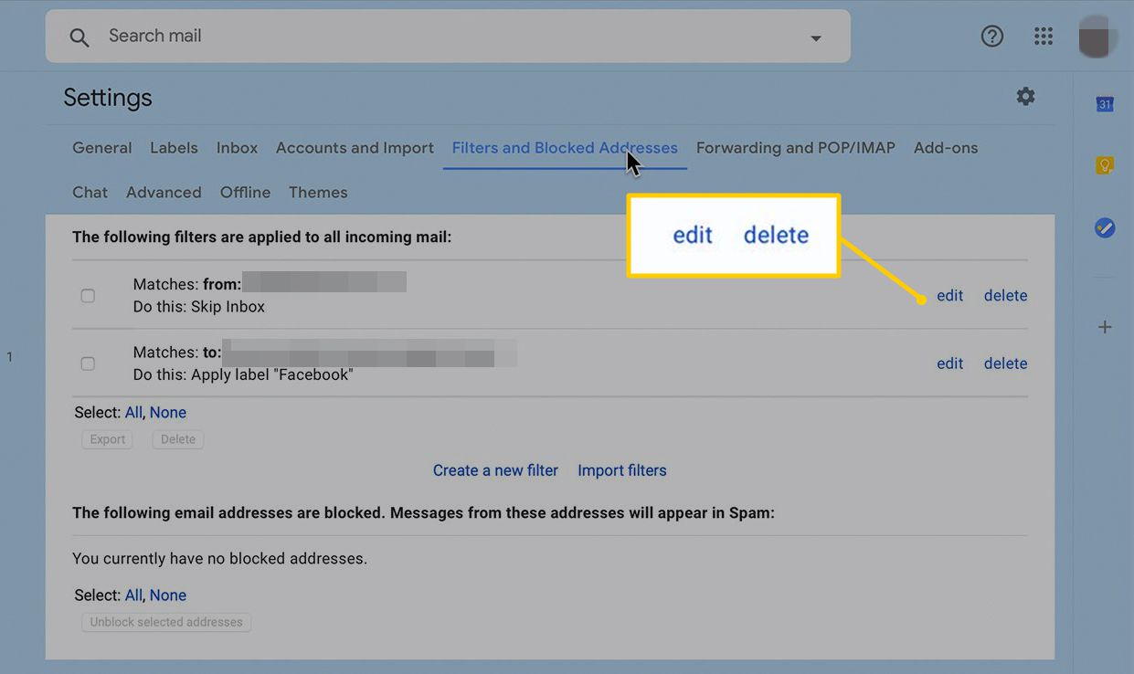 editar e excluir botões nas configurações do Gmail