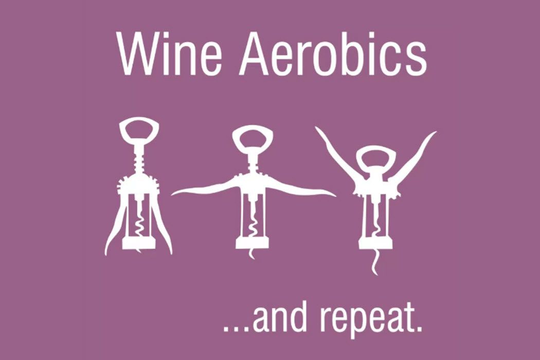 Um meme do vinho que mostra aeróbica do vinho - como usar um abridor de vinho.