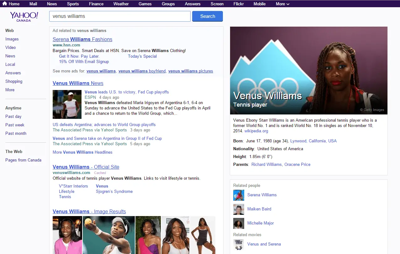 Yahoo!  Tela de pesquisa