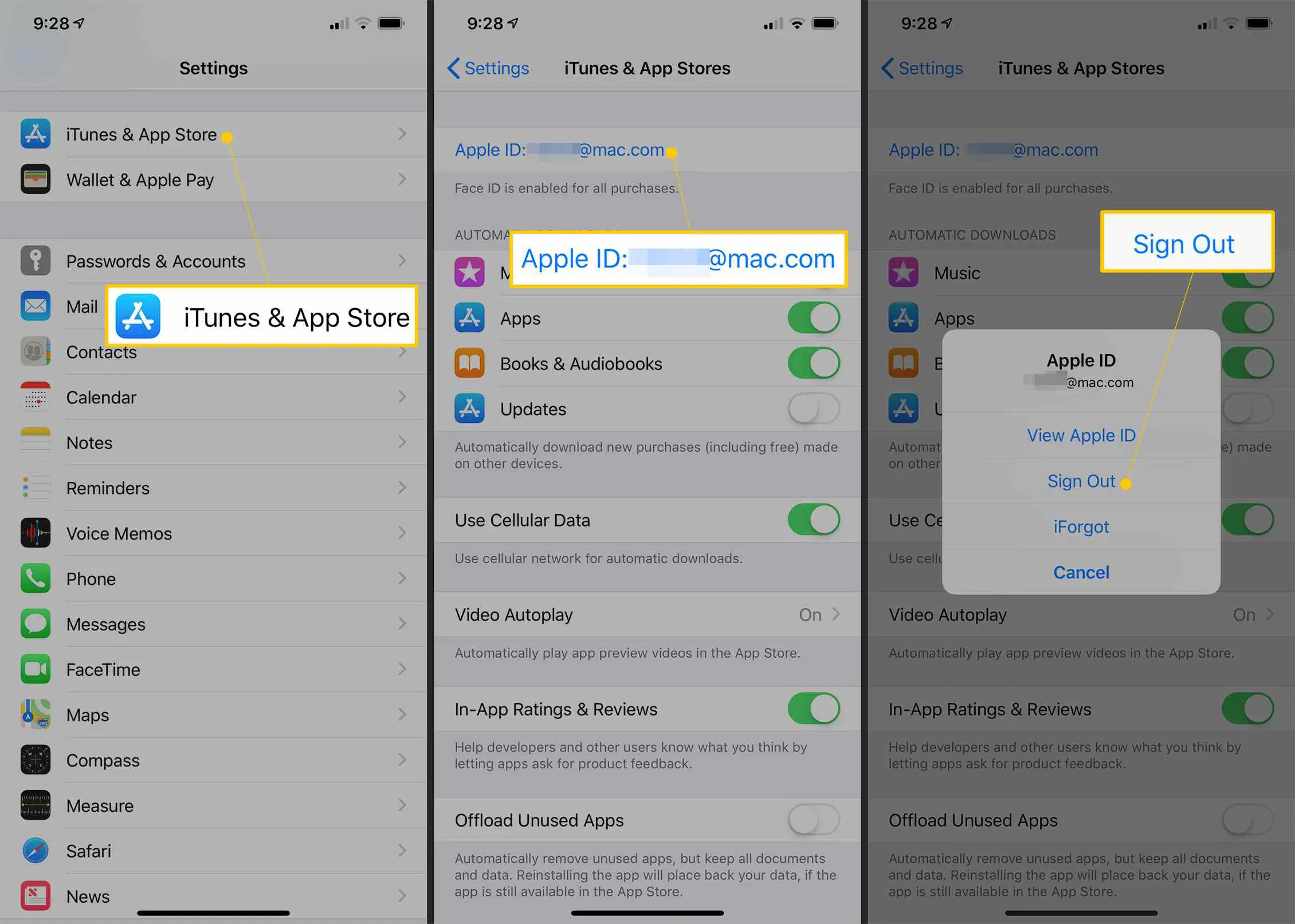 iTunes e App Store, Apple ID, botões Sair nas configurações do iOS