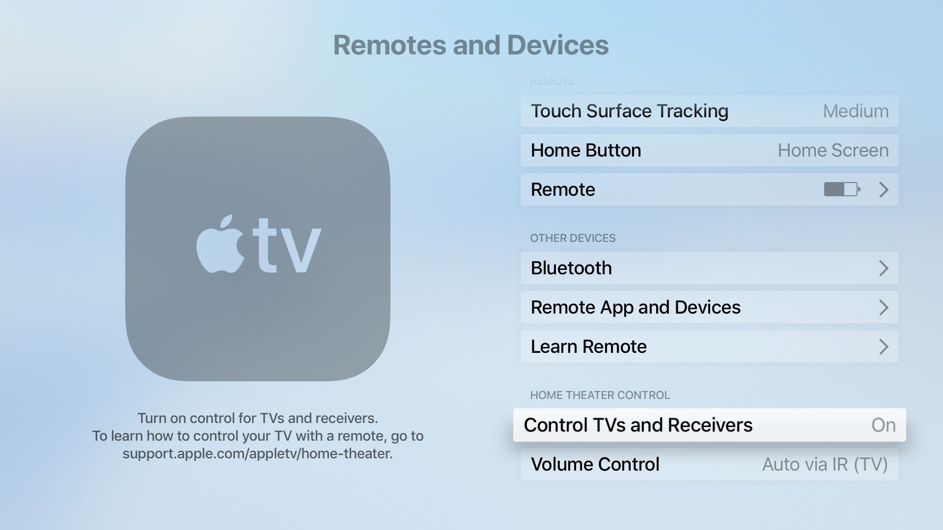 Configurações que permitem que a Apple TV controle uma HDTV