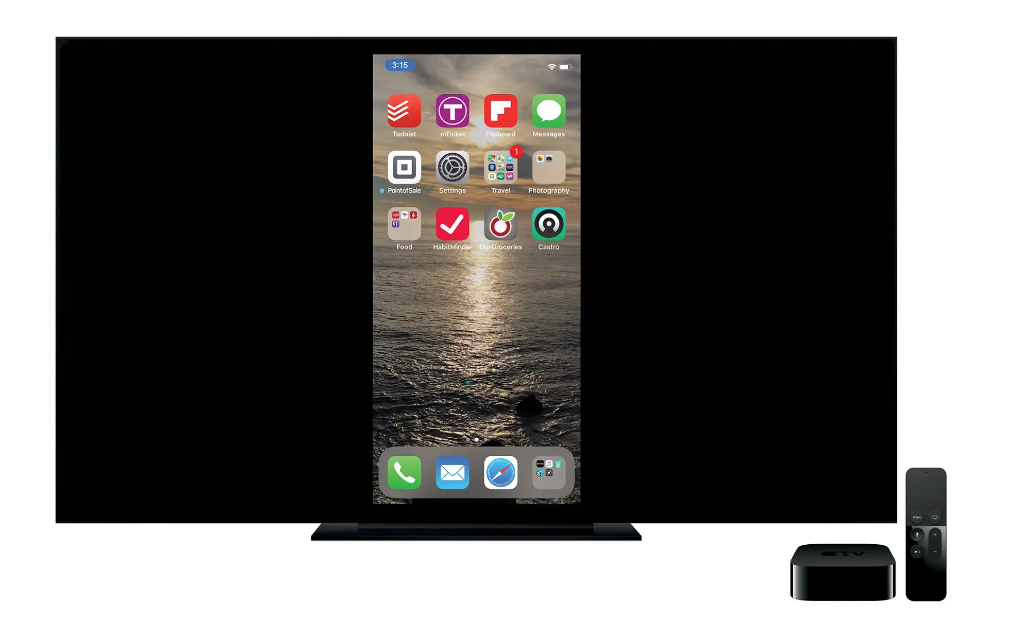 Uma tela de iPhone é exibida em uma HDTV usando o espelhamento de AirPlay