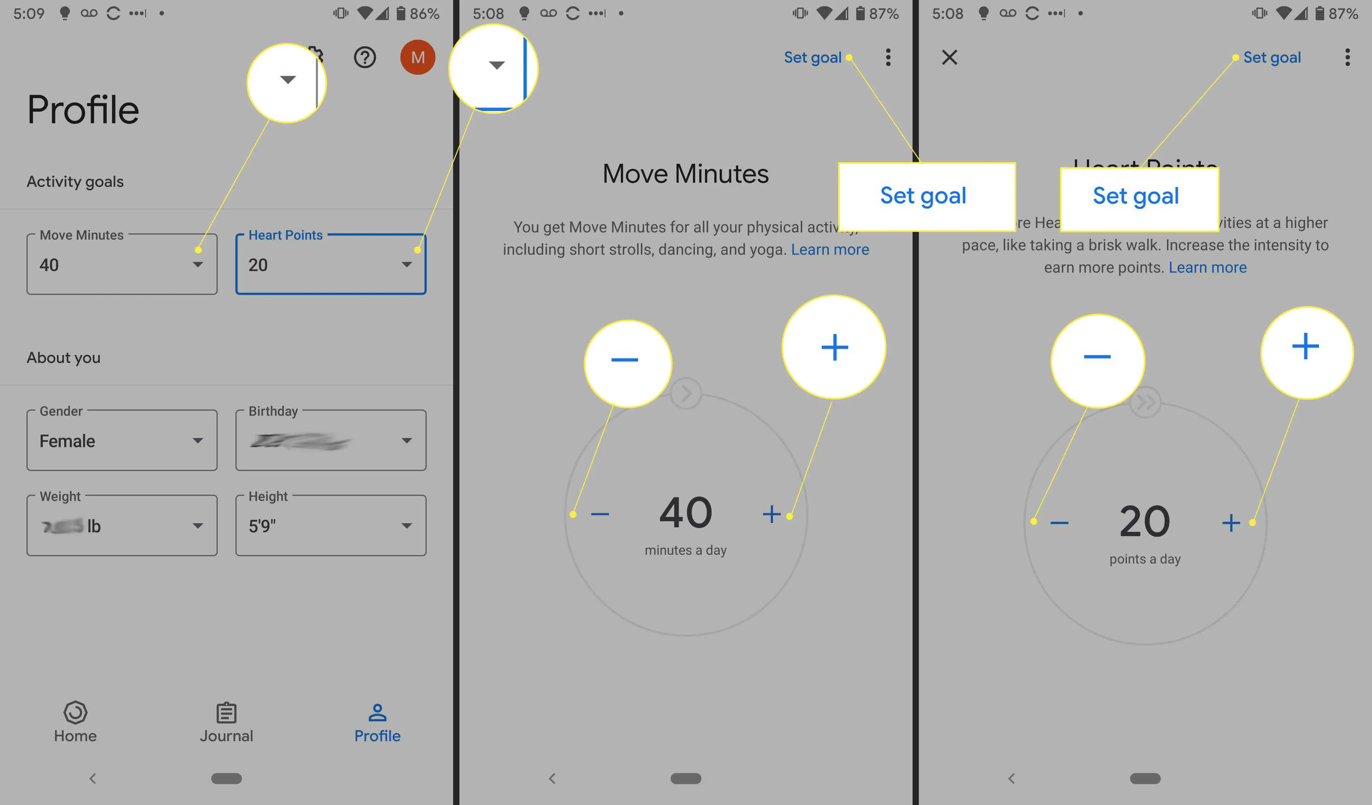 App Google Fit com ajustes de Minutos em movimento e Pontos cardio em destaque