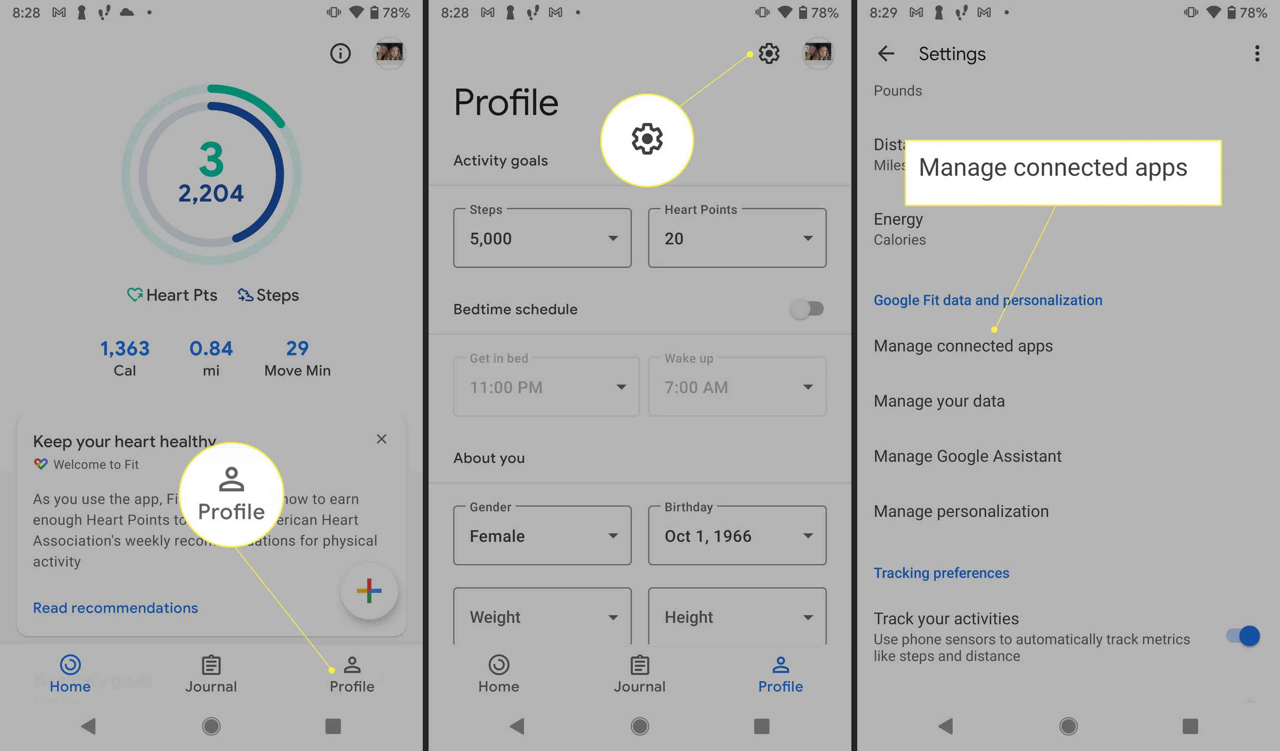 Aplicativo Google Fit com Perfil, Configurações e "Gerenciar aplicativos conectados" destacados