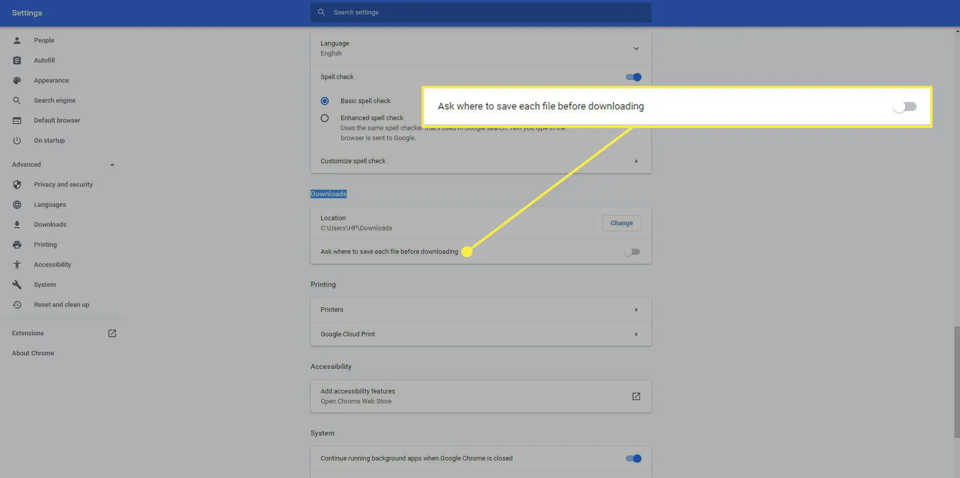 Uma captura de tela das configurações de download do Chrome com a opção "Perguntar onde salvar" destacada