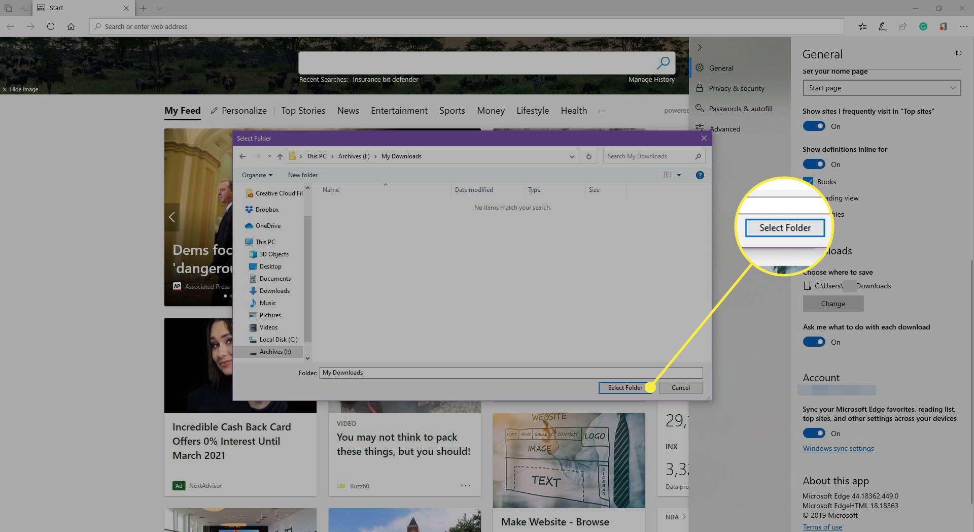 Uma captura de tela do Microsoft Edge com o botão Selecionar pasta destacado