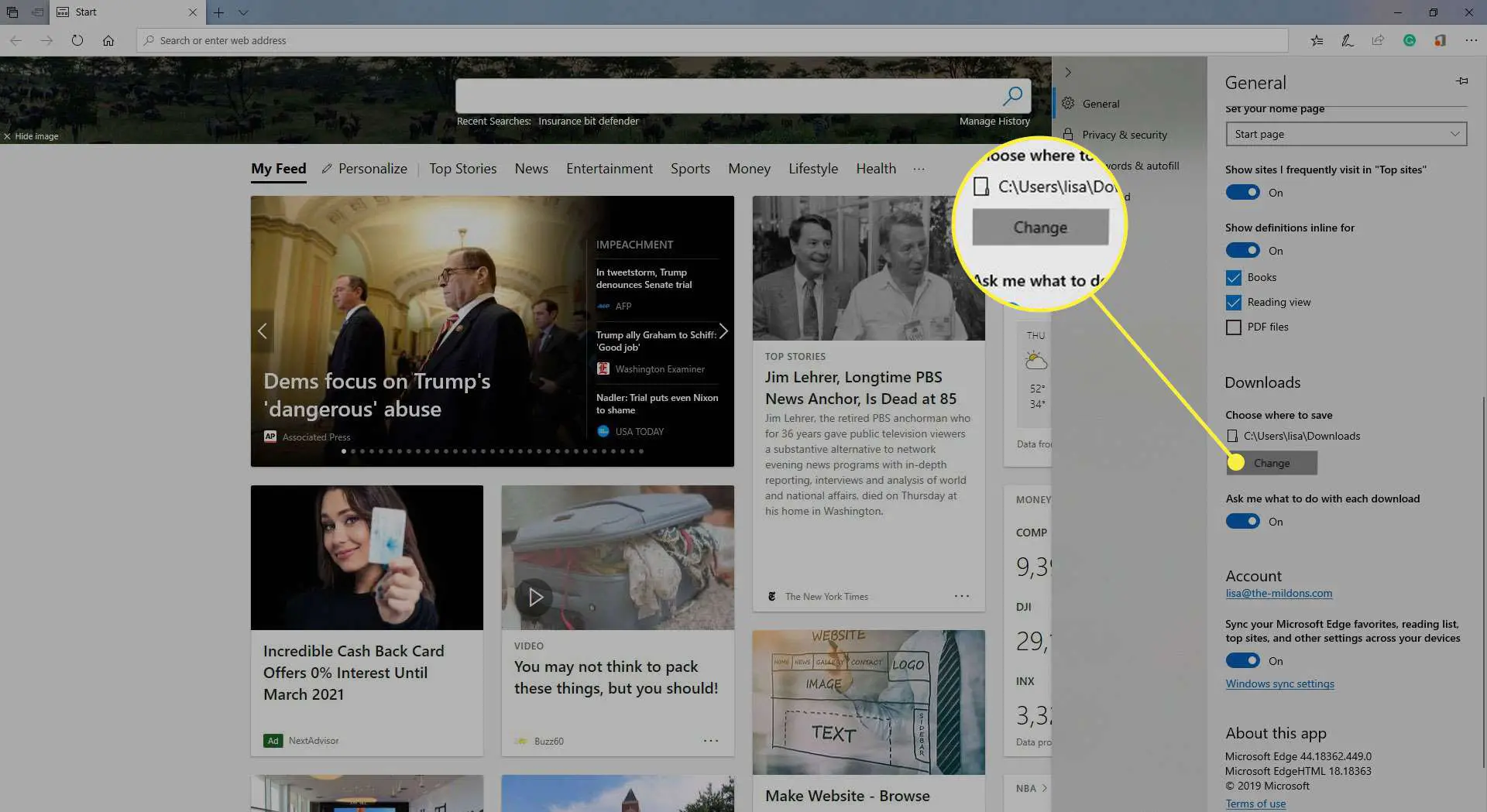 Uma captura de tela das configurações do Microsoft Edge com o "Alterar local de salvamento" botão destacado